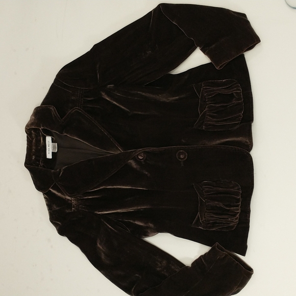 Brown Velvet Blazer Soft Silk Blend Jacket Tailored Feminine Style Gathered - Picture 11 of 13